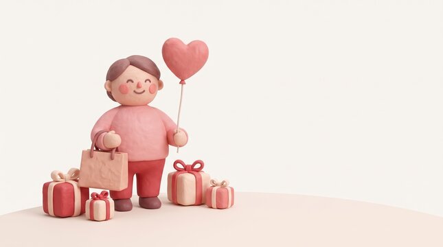 self-care concept, a cheerful character holding a shopping bag and heart balloon, surrounded by gifts