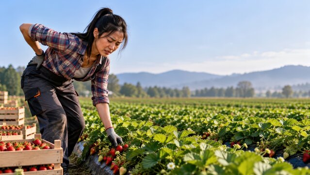 Female Farm Worker Suffering from Lower Back Pain While Harvesting Strawberries in Agricultural Field During Physical Labor