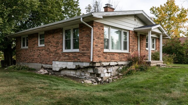 Brick Residential House with Severely Cracked and Collapsing Concrete Block Foundation from Uneven Building Settlement