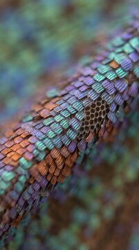 Iridescent holographic snake scale pattern with honeycomb texture, macro abstract background