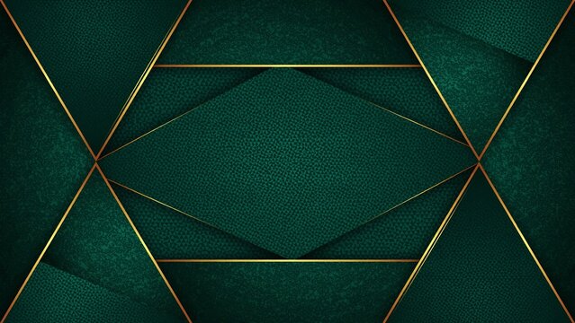 Dark green leather texture background, with geometric triangular, overlays and thin, gold metallic lines, creating a layered look