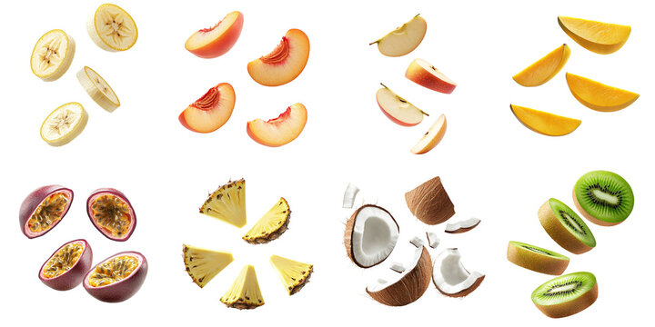 Set of falling fruits: mango, coconut, apple, banana, pineapple, kiwi, passion fruit, peach, isolated on transparent background PNG, clipping path, template, mockup, cut out