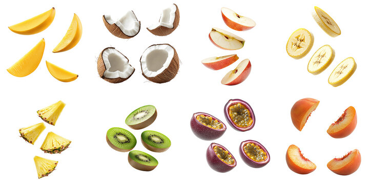 Set of falling fruits: mango, coconut, apple, banana, pineapple, kiwi, passion fruit, peach, isolated on transparent background PNG, clipping path, template, mockup, cut out