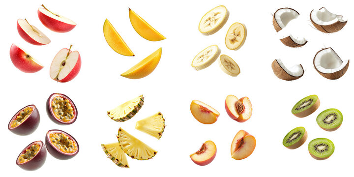 Set of falling fruits: mango, coconut, apple, banana, pineapple, kiwi, passion fruit, peach, isolated on transparent background PNG, clipping path, template, mockup, cut out