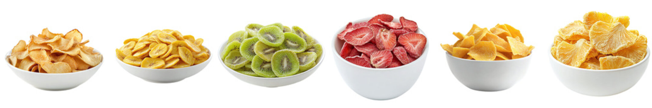 Set of dried fruit chips: kiwi, strawberry, mango, banana, orange, isolated on transparent background PNG, clipping path, template, mockup, cut out