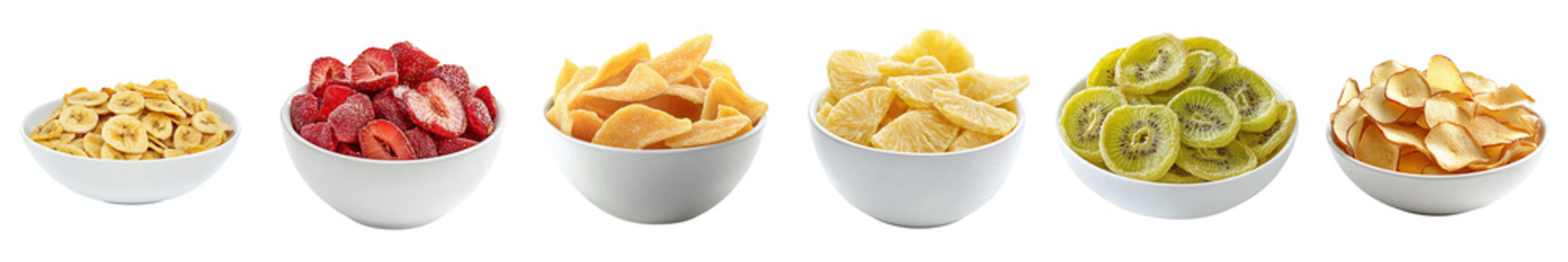 Set of dried fruit chips: kiwi, strawberry, mango, banana, orange, isolated on transparent background PNG, clipping path, template, mockup, cut out