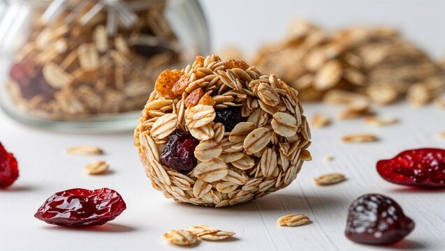 Oat coated snack bite with dried berries on a wooden surface