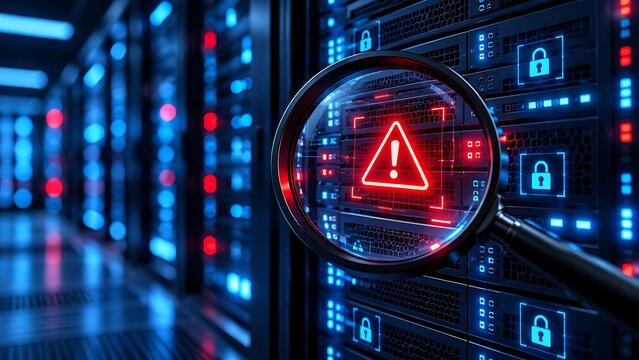 Data Center Server Rack Monitoring With Magnifying Glass Finding Cyber Security Alert