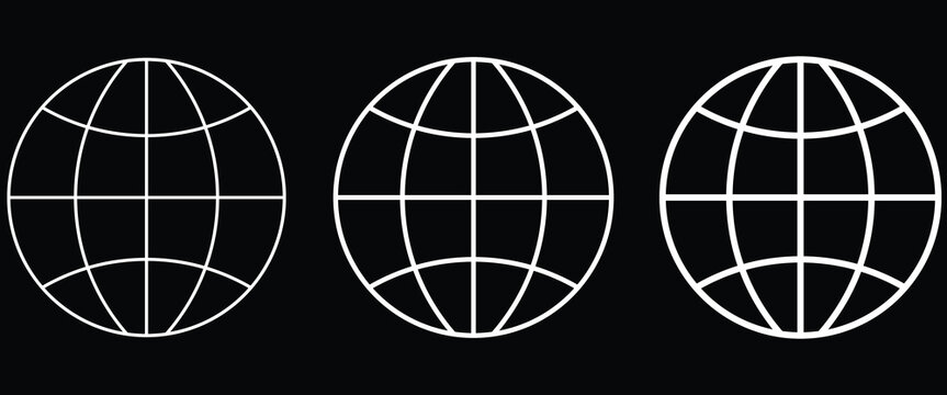 Blue Globe Icon Set with Three Outline Stroke Thickness Variations, World Earth Grid Symbols for Global Internet Network, Geography, Web and Mobile App Design