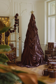 Creative Christmas tree made of dark brown draped fabric in a modern luxury apartment with wrapped gifts and festive decorations for the holiday season