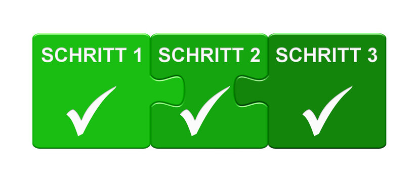 Puzzle Button mit 3 Teilen: Schritt 1, Schritt 2, Schritt 3