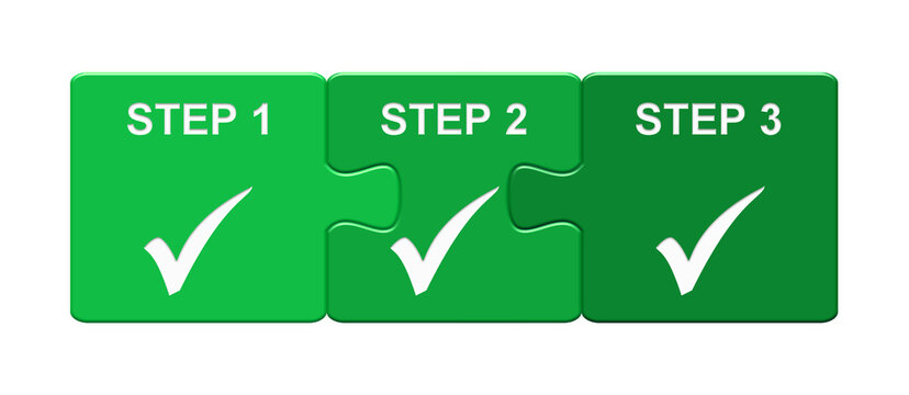 Puzzle Button mit 3 Teilen: Step 1, Step 2, Step 3