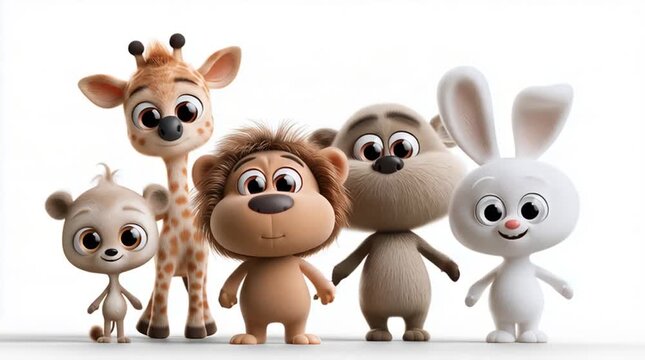 Group of friendly 3D animated animals, including a giraffe, lion, and rabbit, waving happily. Adorable characters isolated on white