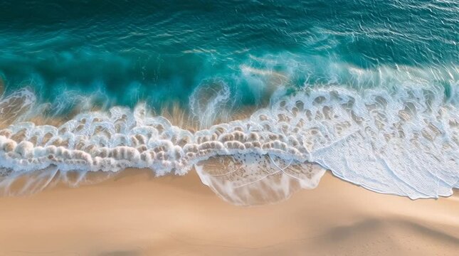 Turquoise ocean waves gently breaking on a sandy coastline, washing ashore and creating intricate white foam patterns