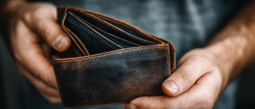 A close-up of a person holding an open, empty brown leather wallet against a blurred background.
