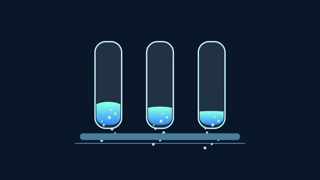 Glowing blue liquid dropping from three glass test tubes in dark laboratory background