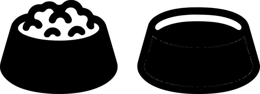 A red bowl filled with dry cat food sits next to a blue water dish on a black surface