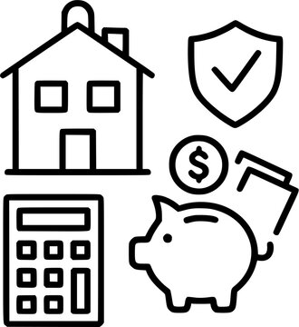 The image illustrates a house with a shield, a piggy bank, and a calculator, symbolizing financial security in real estate investment