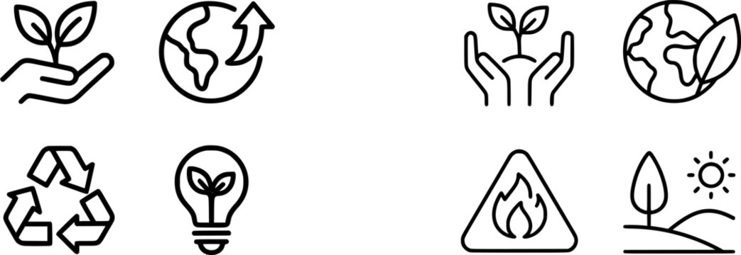 The image features a series of icons representing environmental sustainability, including recycling symbols, a plant growing from the earth, and a light bulb with leaves, symbolizing renewable energy