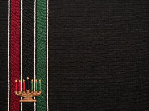 Kwanzaa embroidered textile copy space background featuring traditional red black and green stripes with menorah motif for cultural celebration greeting card design and winter holiday project