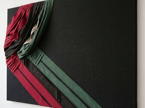 Kwanzaa holiday fabric art copy space background with layered red black and green textile draped over black canvas for african american cultural celebration and heritage poster
