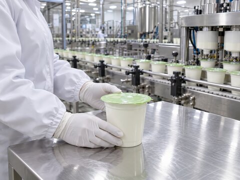 sealed yogurt container on a stainless steel table beside an automated packaging line showcasing industrial dairy processing factory
