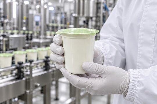 Food factory employee examining a sealed yogurt container on a steel inspection table beside an automated dairy packaging line, with rows of filled cups and processing machinery in the background
