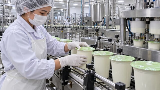food production worker holding a sealed yogurt cup with green foil lid during product inspection in a dairy factory, with automated packaging conveyor and stainless steel equipment behind

