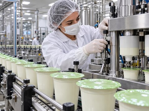 Gloved food production worker holding a sealed yogurt cup with green foil lid during product inspection in a dairy factory, with automated packaging conveyor and stainless steel equipment behind