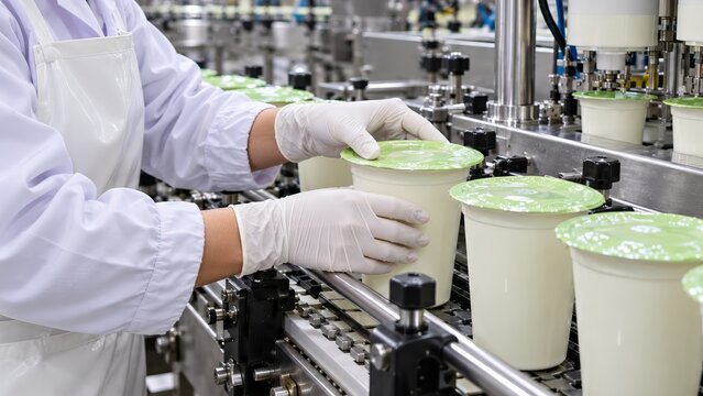 Close-up of yogurt cup on an automated dairy production conveyor showcasing dairy industry precision fermentation