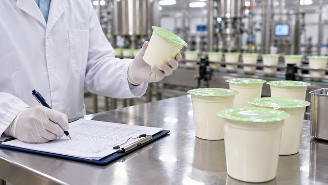 Food safety inspector checking a sealed yogurt cup and completing quality control paperwork in a factory