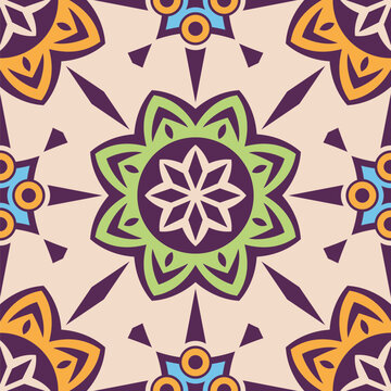 Seamless ethnic vector pattern with stylized floral and geometric motifs in purple, green, and orange colors. Retro boho vector background. Flat design pattern.