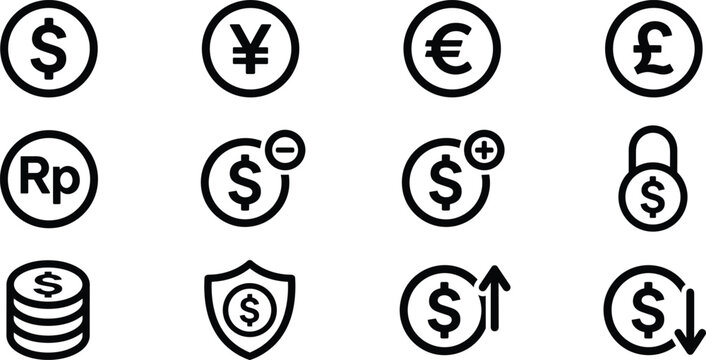 Set of black and white currency and money icons featuring various dollar symbols, coins, and financial transaction signs for banking and business web design applications