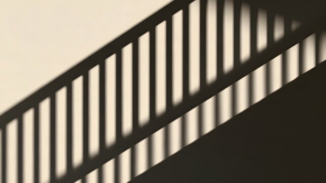 Staircase railing shadow on wall with sunlight
