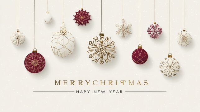 44.A refined set of Christmas card templates featuring geometric snowflakes and holiday decorations, with a focus on clean lines and elegant design. The Merry Christmas and Happy New Year message is