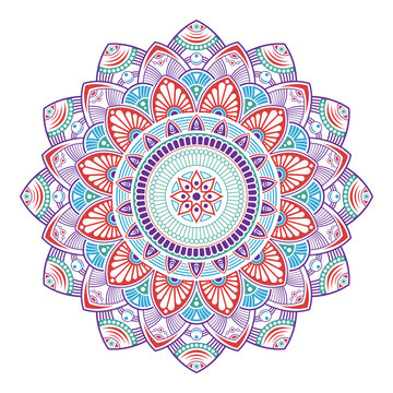 Vibrant vector color mandala. Intricate floral and geometric patterns in purple, red, and teal colors. Symmetrical floral geometric design. Isolated design element.