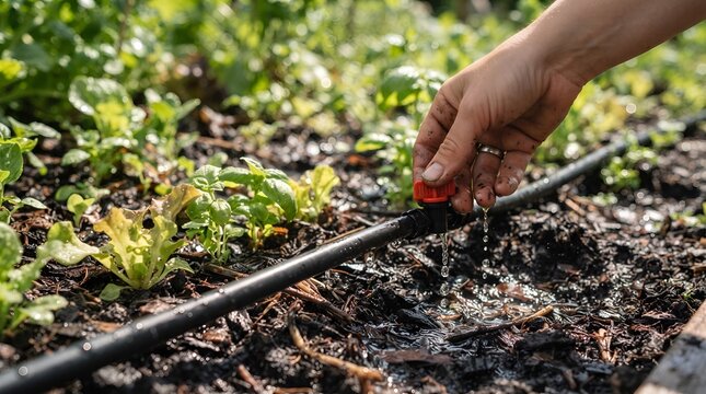 Drip irrigation line watering young plants in dark soil, hand adjusting a valve