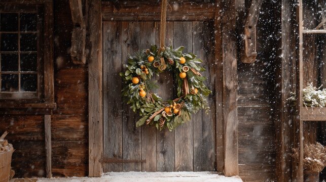Rustic Winter Holiday Wreath. A festive Christmas wreath adorned with oranges and cinnamon sticks hangs on a weathered wooden door during a gentle snowfall