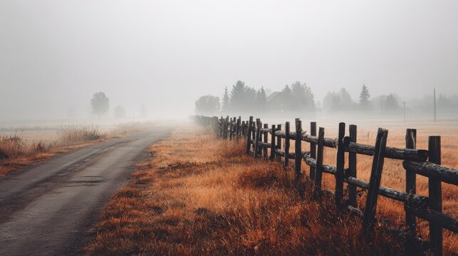 Autumn Foggy Countryside Road. A rustic wooden fence lines a dirt road through a misty autumn landscape with golden grasses and distant trees