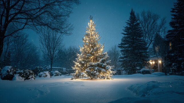 Illuminated Christmas Tree in Snow. A beautifully decorated Christmas tree glows with warm lights amidst a serene, snowy winter evening scene