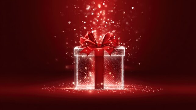 Christmas Gift Box Sparkle. A glowing transparent gift box with a red ribbon and bow emits magical sparkles on a dark red background