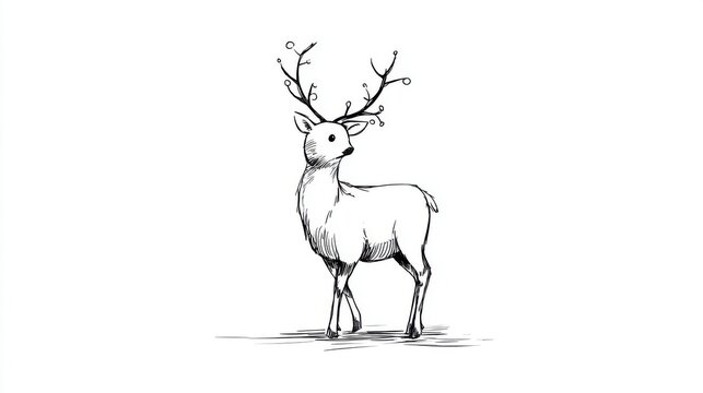Whimsical Deer With Festive Antlers. A charming hand-drawn illustration of a deer with delicate, twig-like antlers adorned with small baubles, evoking a festive holiday spirit