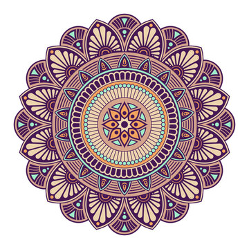Colorful vector mandala. Ethnic boho design. Intricate boho vector mandala pattern featuring purple, beige, teal, and orange hues. Symmetrical floral geometric design. Isolated design element.