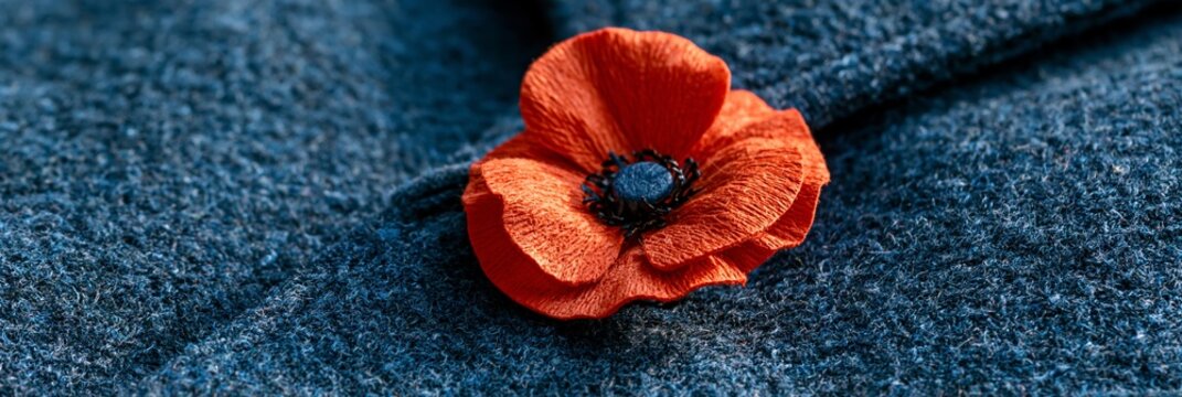 Red paper poppy flower pinned on grey wool coat, symbol of remembrance and veteran support