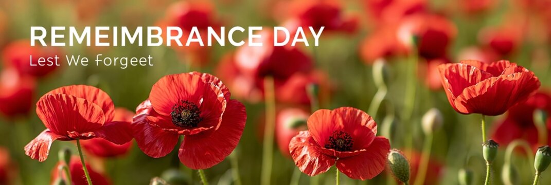 Remembrance Day red poppy flowers in meadow, symbol of memorial and respect