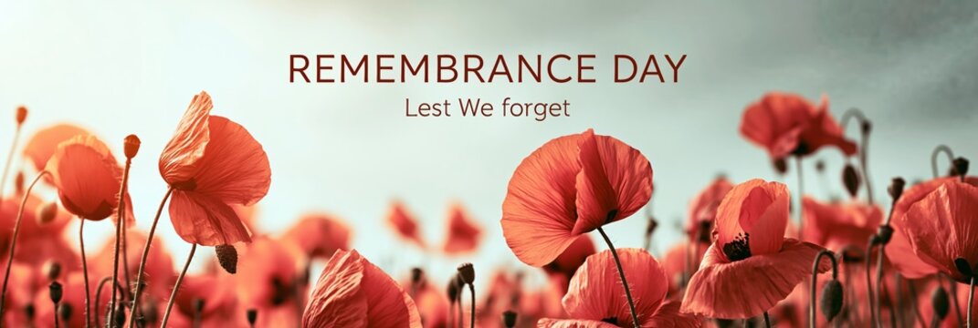 Remembrance Day red poppy flowers, field of blooming flowers commemorating war veterans