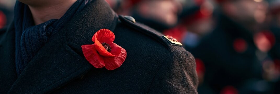 Red poppy flower pinned on dark military uniform, symbol of remembrance for veterans during outdoor memorial ceremony