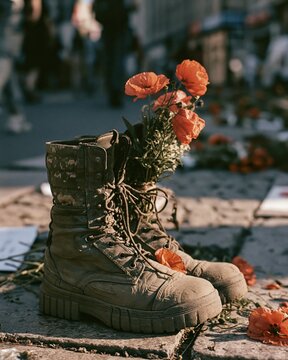 Army boots with orange poppies on stone, memorial tribute for fallen soldiers