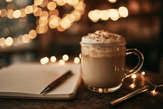 Salted maple latte in glass mug with notebook and pen, cozy cafe desk scene for winter planning
