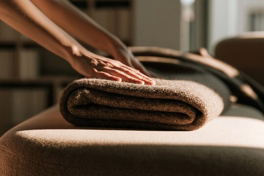 Person hands touching brown folded wool blanket, textile comfort and home interior concept